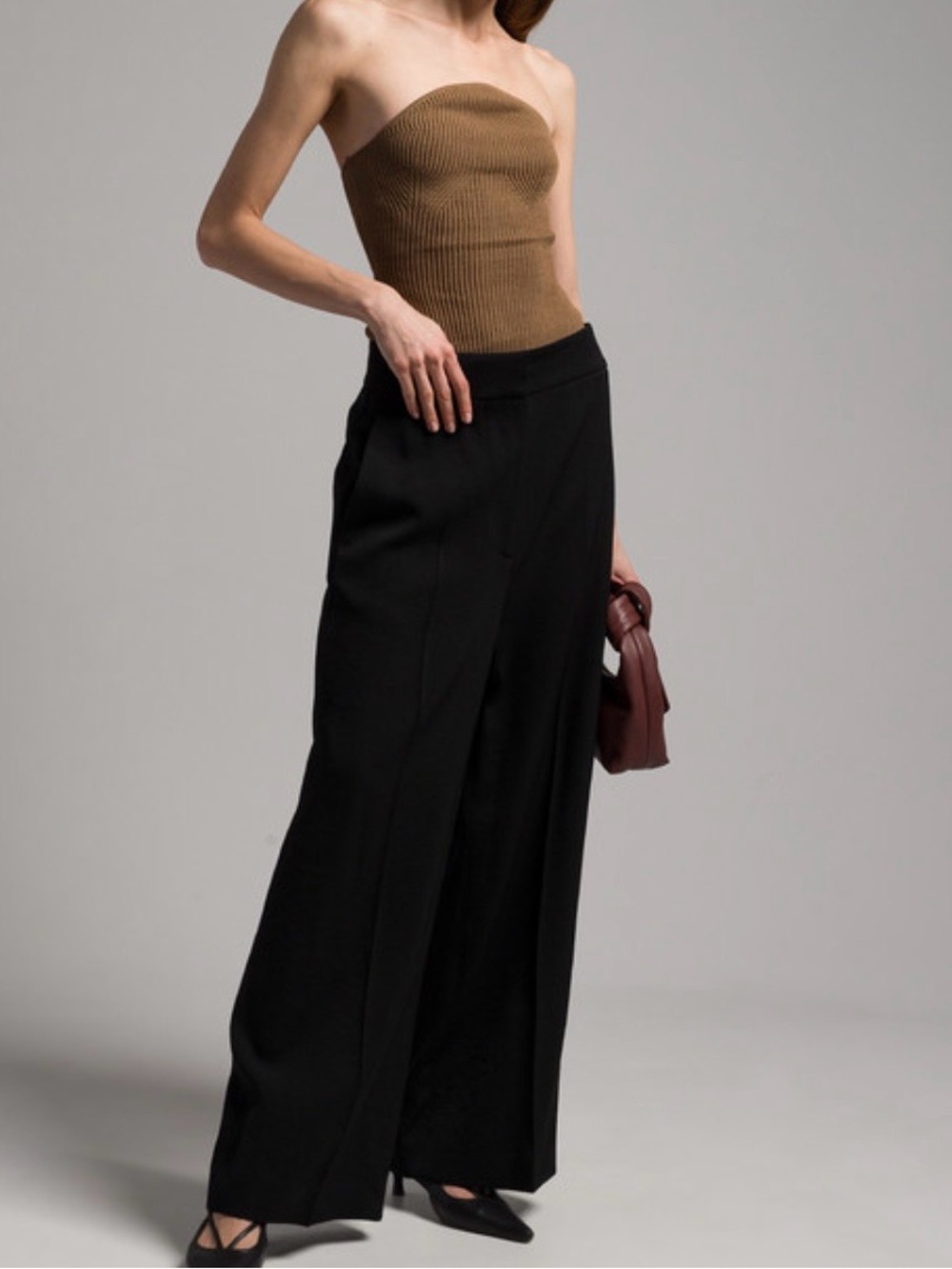 KHAITE Jericho Brown Ribbed Knit Bustier Strapless Tube Top